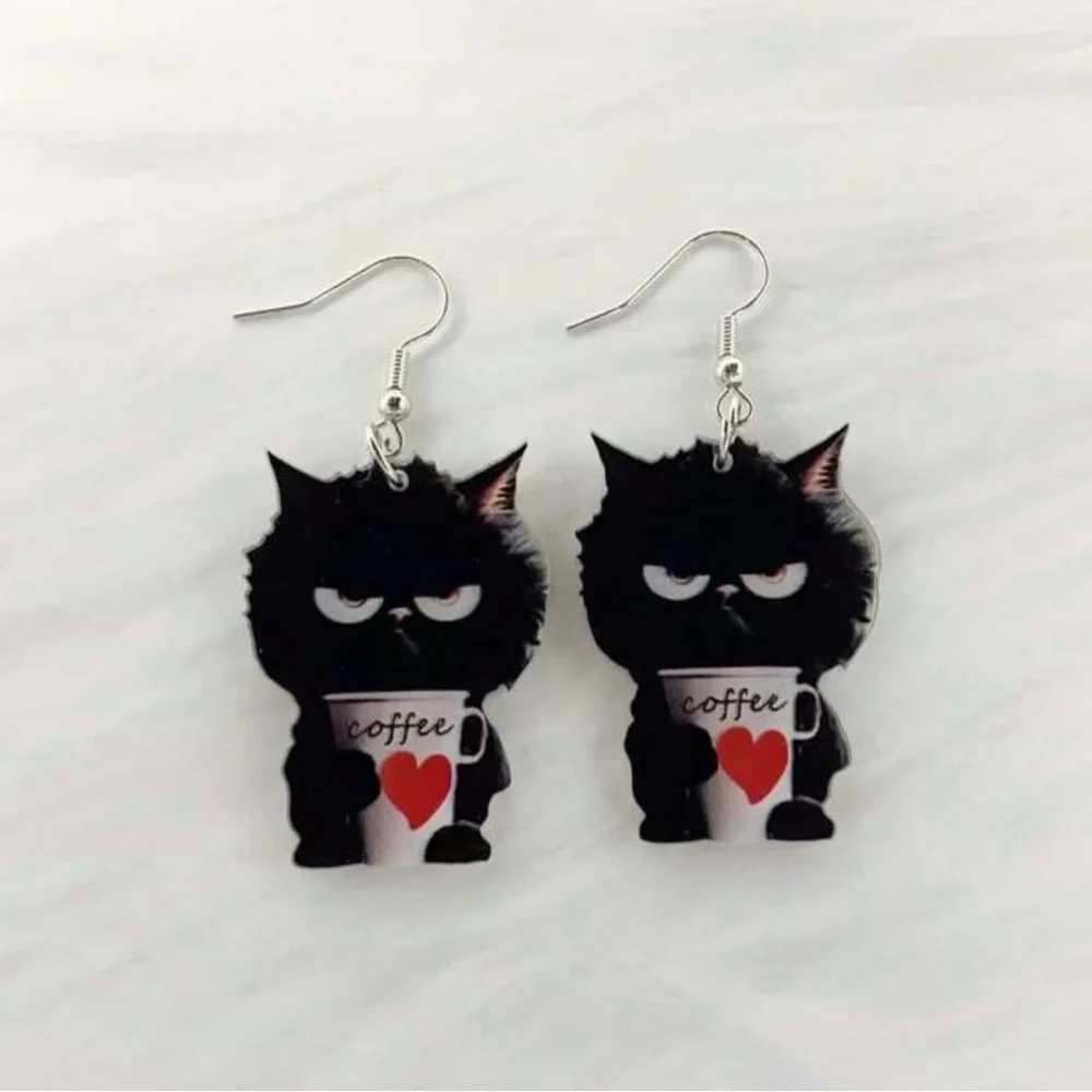 Grumpy Cat Earrings with Coffee Cup Design